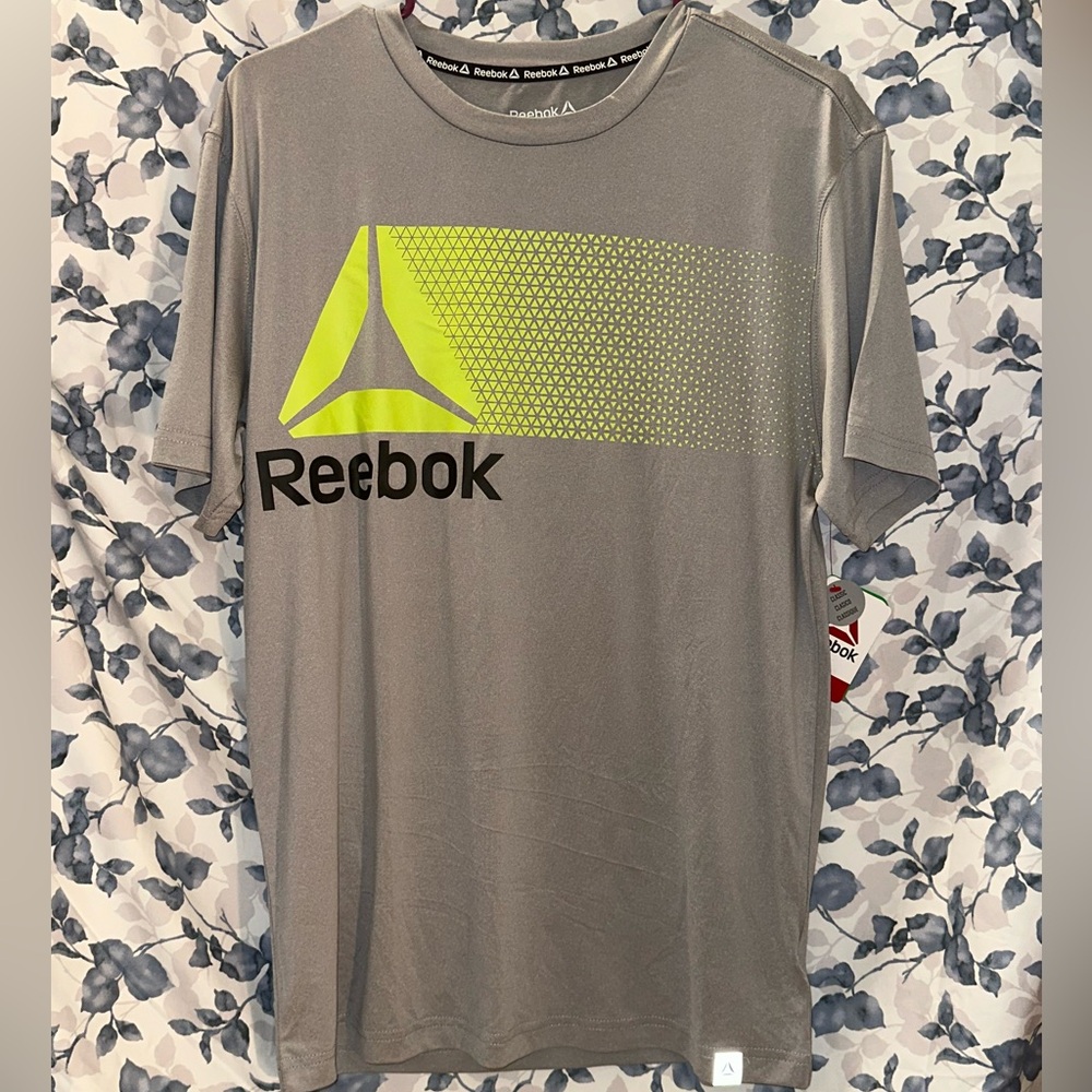 Reebok Men Gray and Neon Green Short Sleeve Tee